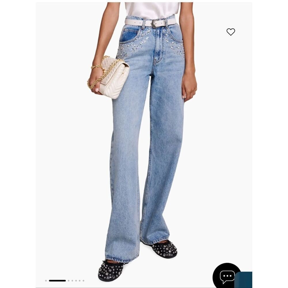 Maje Light Blue Straight-Leg Jeans with Rhinestone Accents Size 2